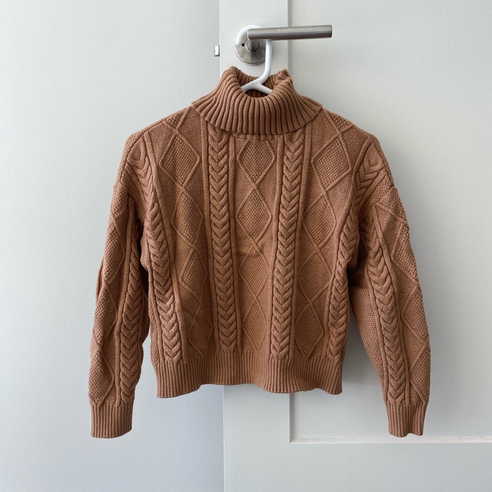 Mango Cable Knit Turtleneck Sweater - Tan
